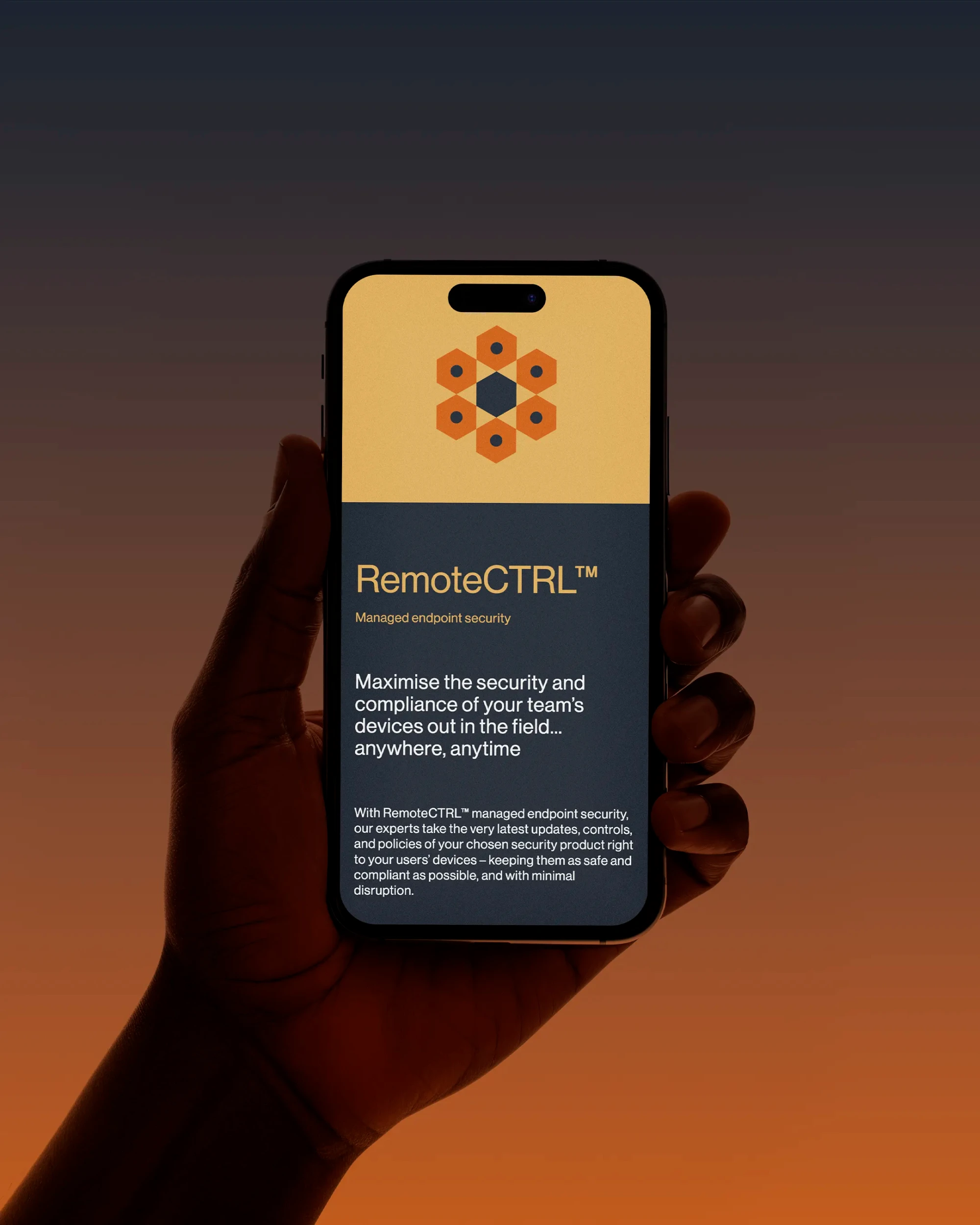 A hand holds an iPhone displaying the Remote Control webpage and graphic