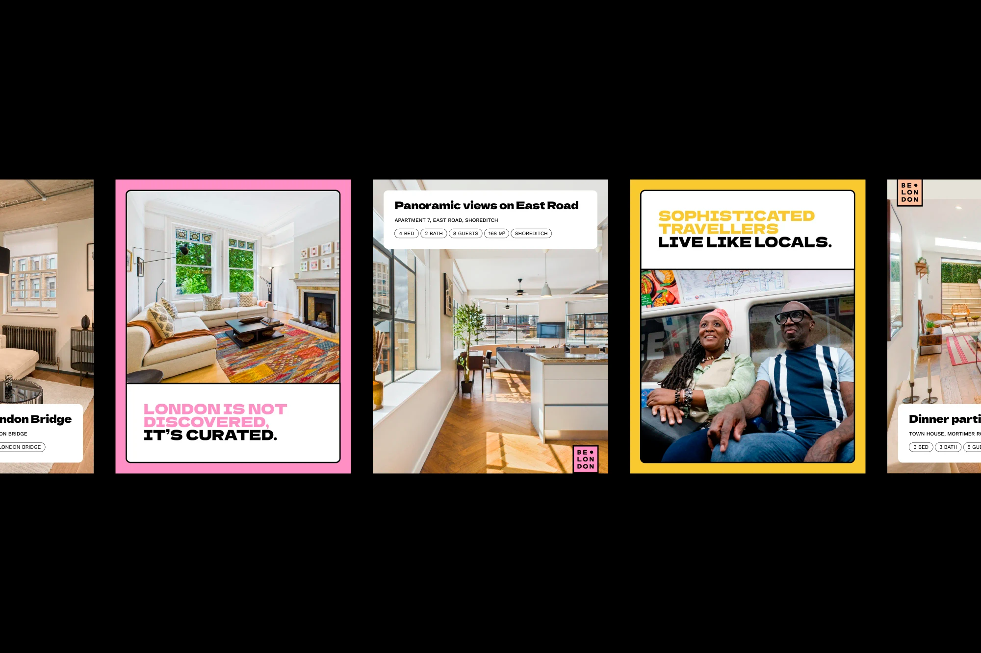 Social media screens lined up show different brand focuses.