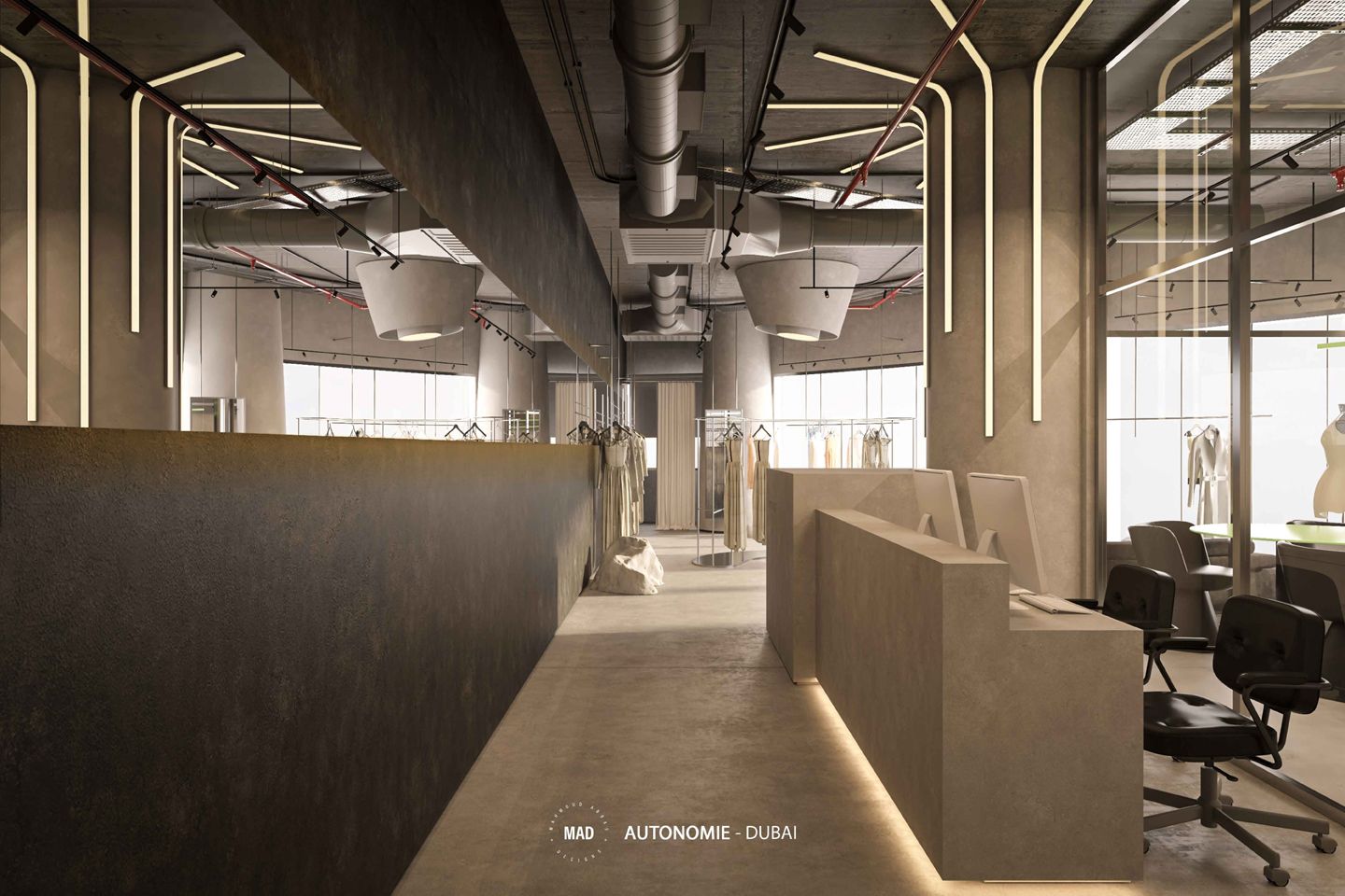 AUTONOMIE OFFICIAL - A Boutique Fashion Brand Experience - Business Bay - Dubai. Designed by MAD Studio (Egypt) and Project Managed and Built by NGS Interiors (Dubai)