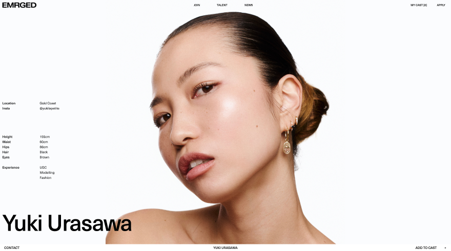 A talent profile page, with location, measurements and experience listed beside the portrait