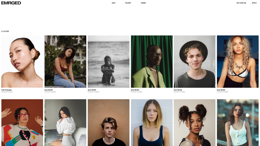 The Emrged talent directory, showing a grid of profile images