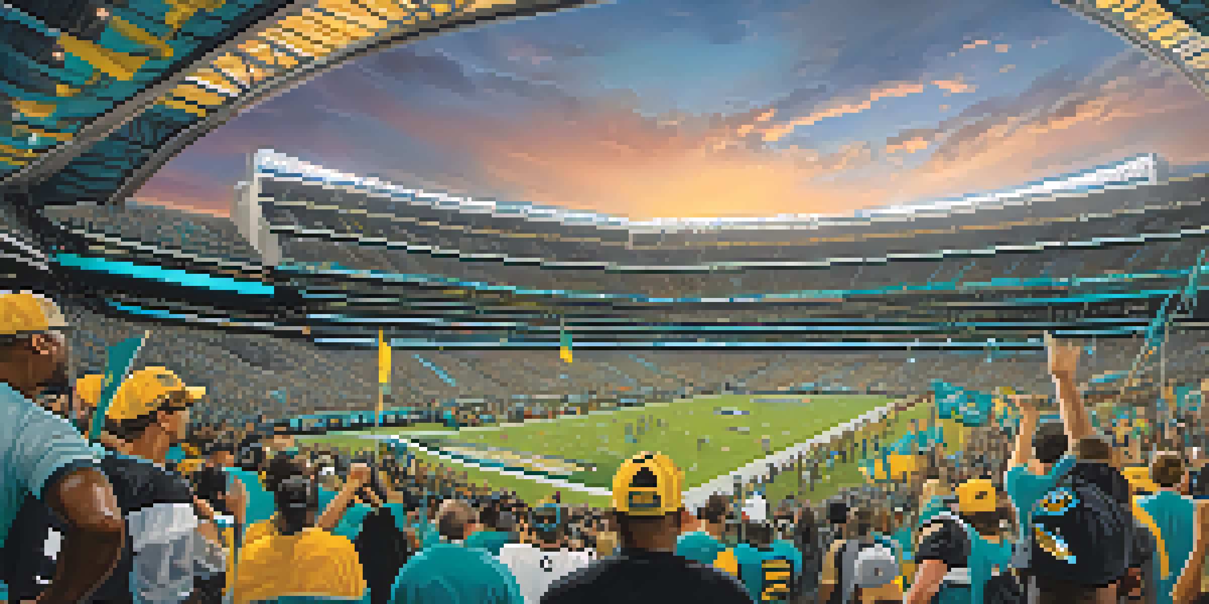A lively crowd at a Jacksonville Jaguars football game, with fans in team colors and bright stadium lights.