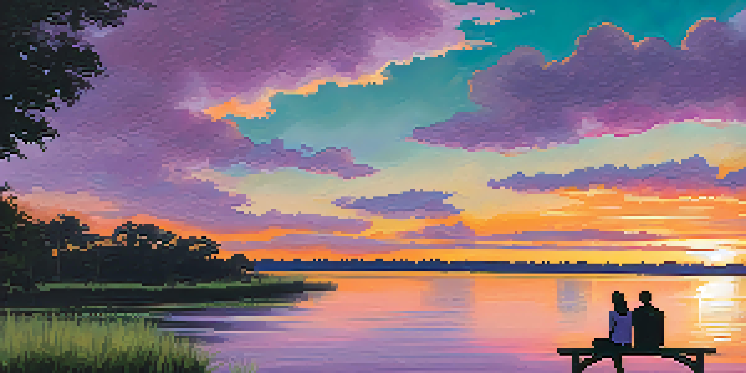A silhouette of a writer sitting on a bench by the St. Johns River during a vibrant sunset, surrounded by lush parks.