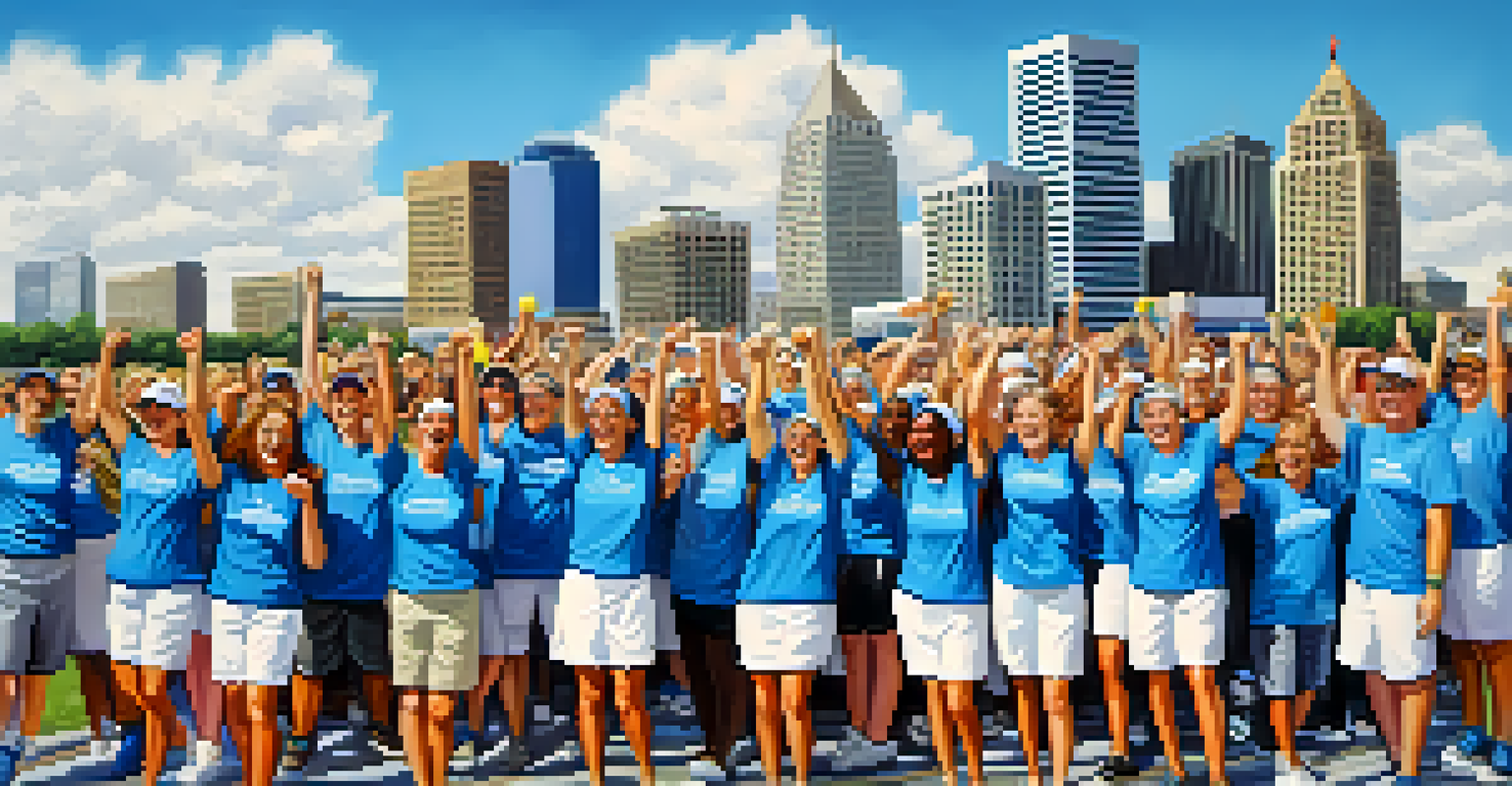 Energetic volunteers in matching shirts organizing a charity run, with water stations and a city backdrop, showcasing community engagement.