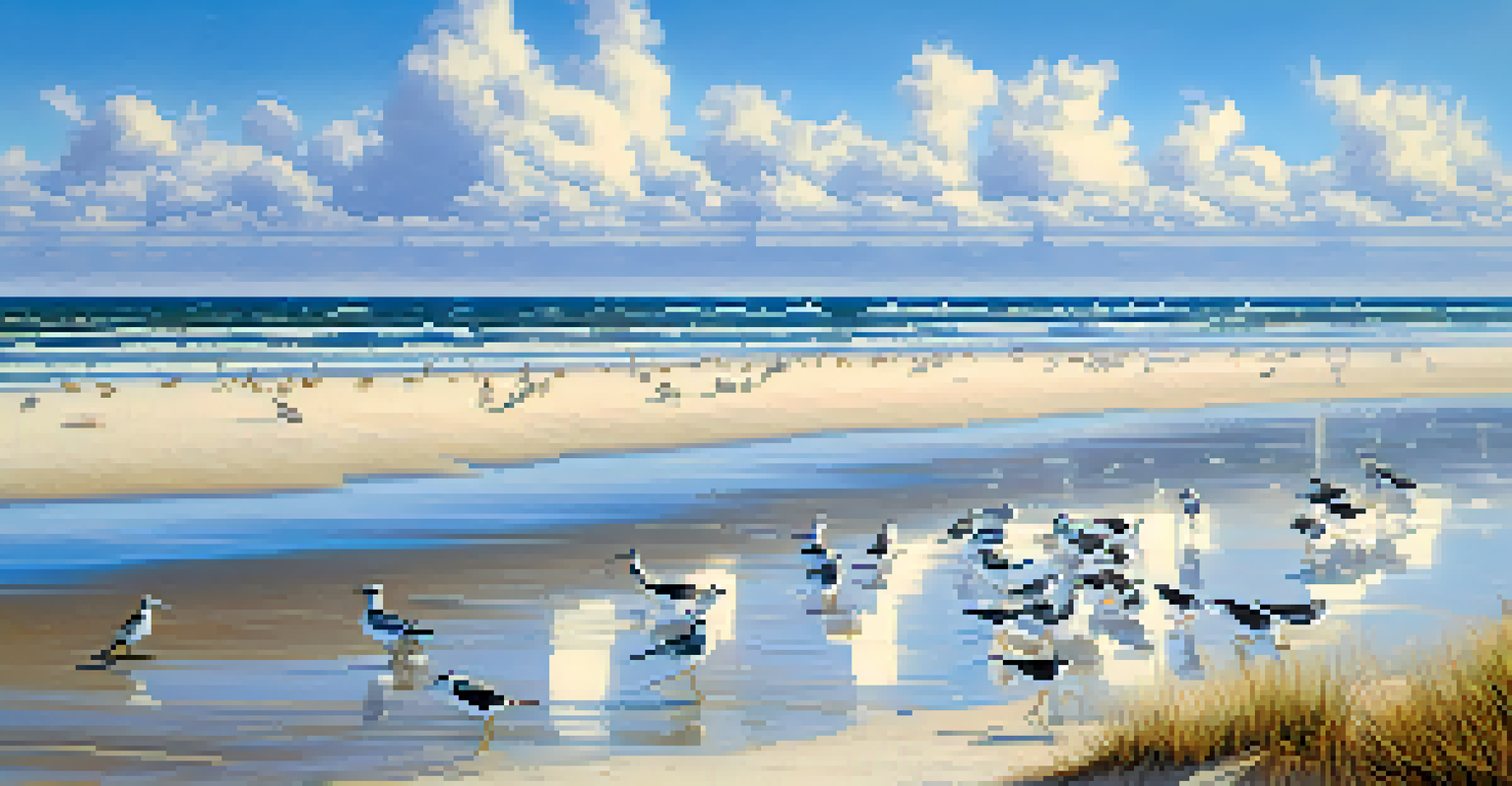 Colorful shorebirds on a sandy beach at Little Talbot Island State Park, with ocean waves and a clear blue sky in the background.