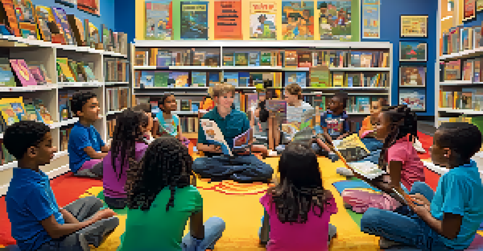 A vibrant youth reading event at a local bookstore in Jacksonville, featuring a storyteller reading to captivated children seated on colorful cushions.