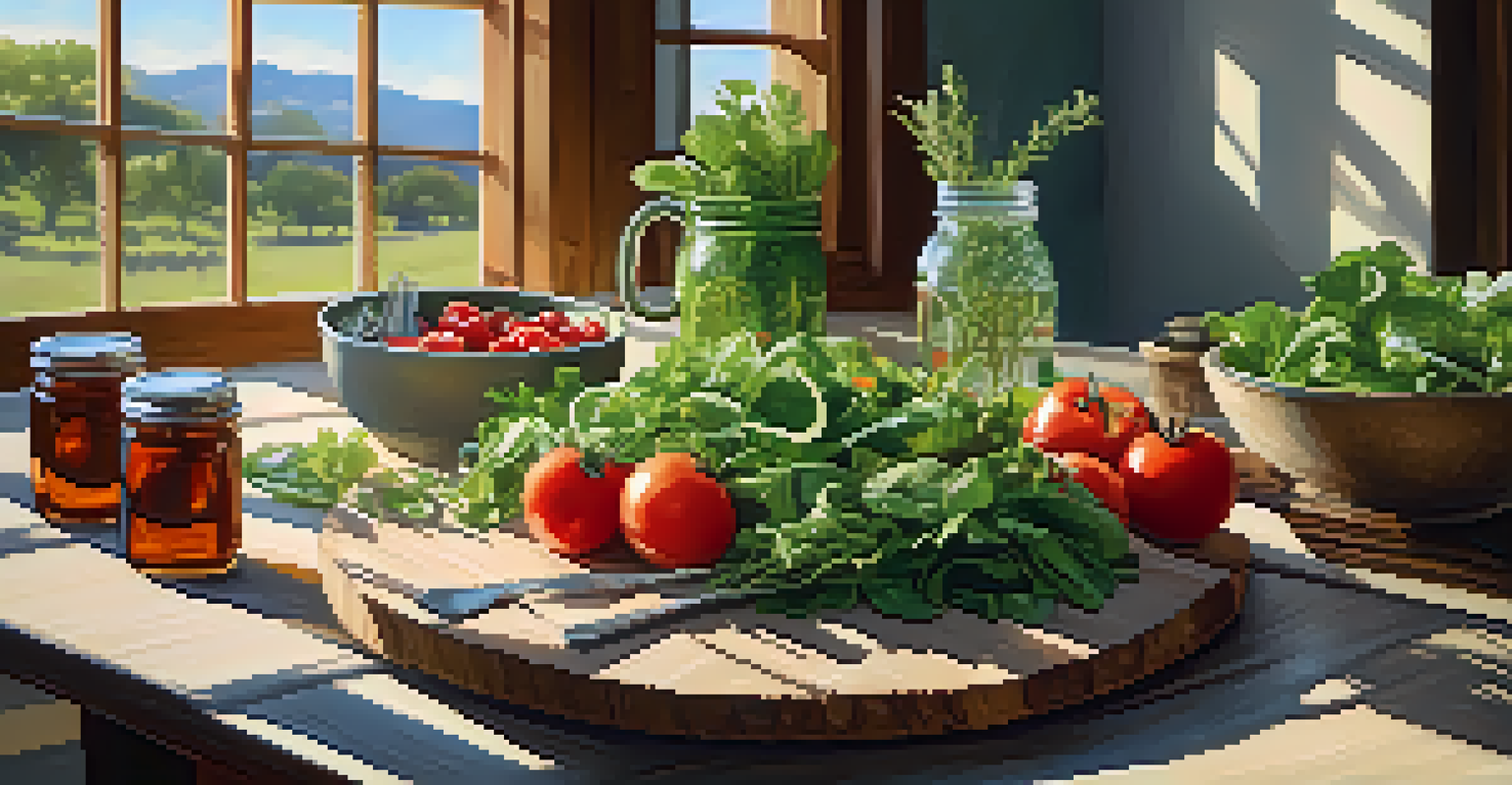 A farm-to-table dining setup with a colorful salad and rustic decor under soft sunlight.