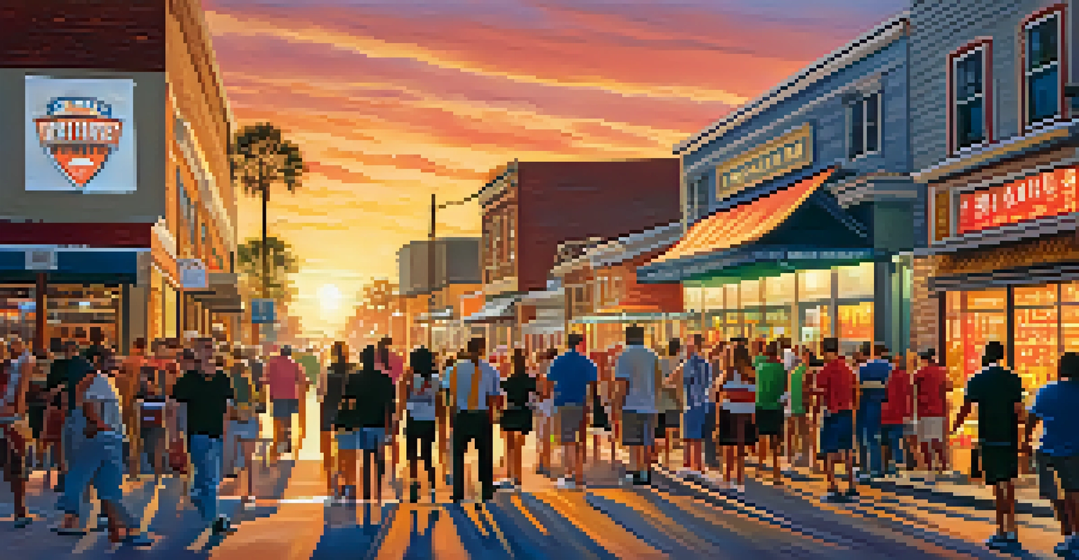 A diverse group of fans walking through the streets of Jacksonville, celebrating game day with excitement and colorful decorations.