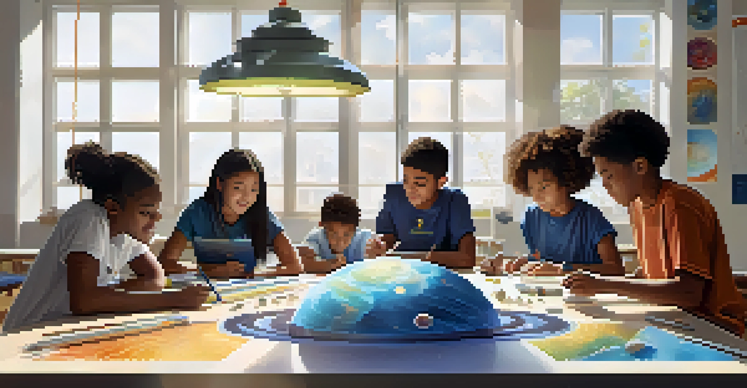 A diverse group of students working together on a science project about the solar system, surrounded by educational materials in a bright classroom.