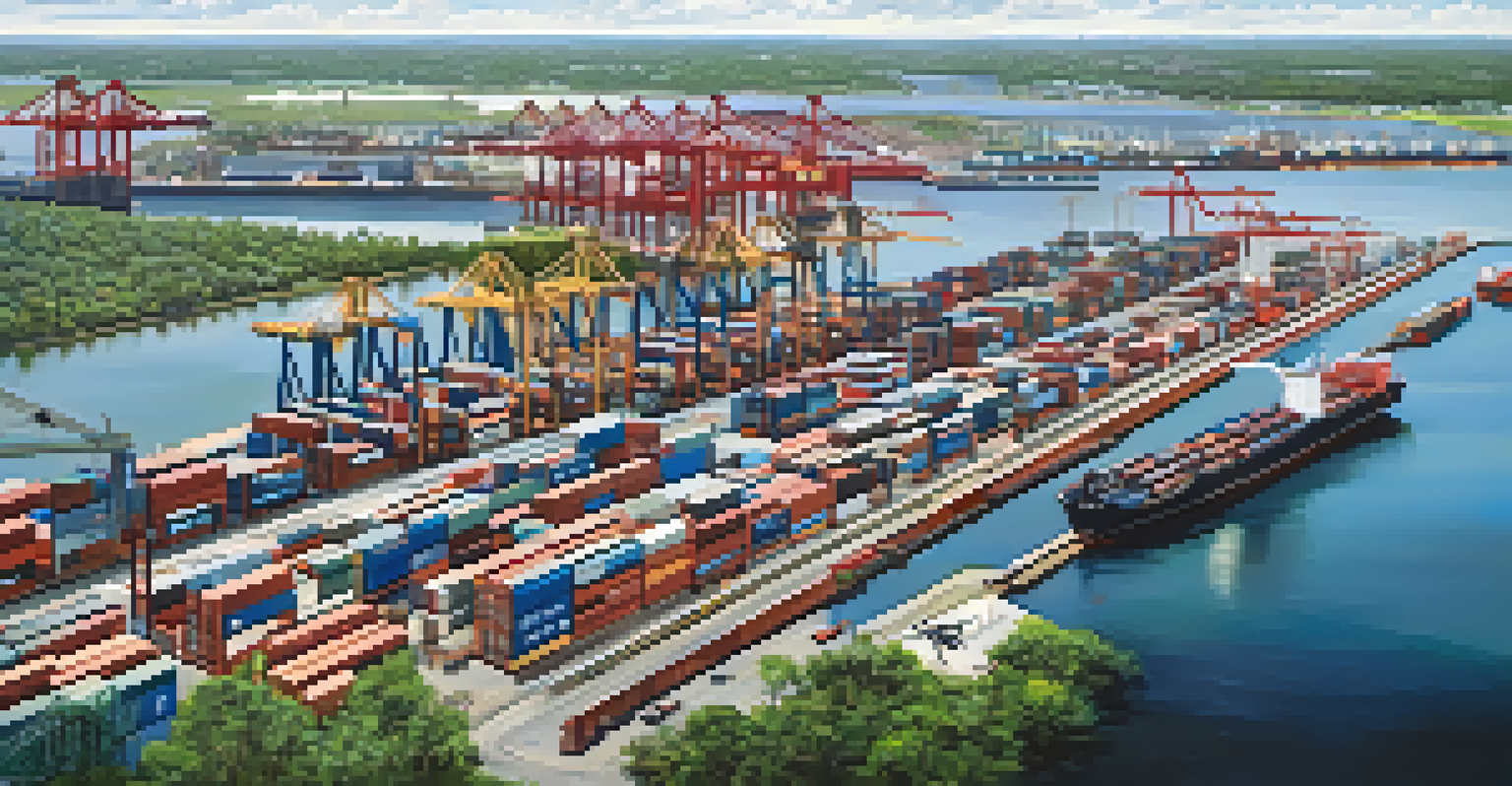 Aerial view of Jacksonville's port with docks, containers, and transportation vehicles surrounded by green spaces.