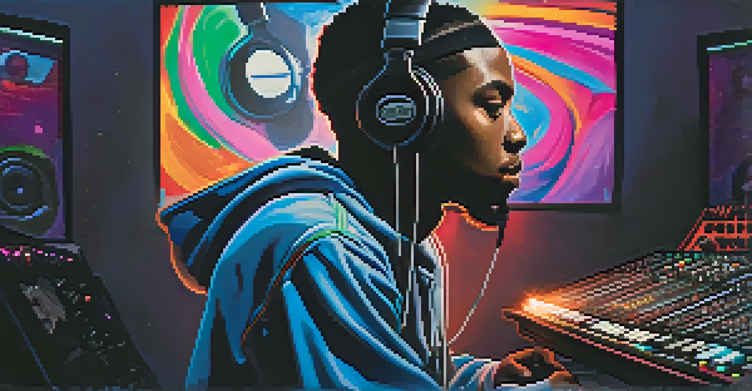 A close-up of a young Black male hip-hop artist recording music in a studio, surrounded by soundproof panels and colorful lighting.