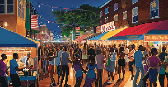 A lively street scene filled with people enjoying the Jacksonville Jazz Festival, with musicians performing and food vendors in the background.