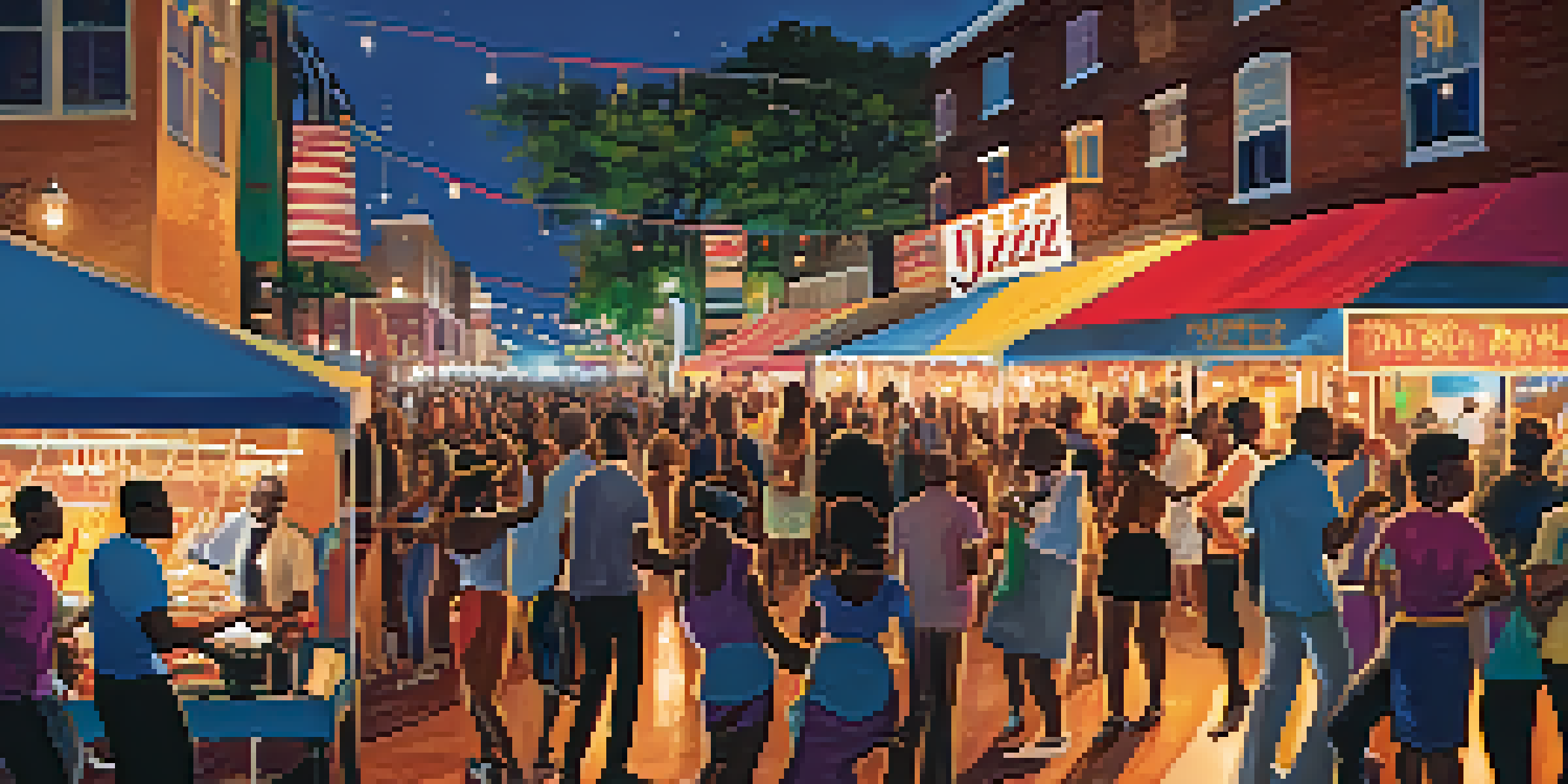 A lively street scene filled with people enjoying the Jacksonville Jazz Festival, with musicians performing and food vendors in the background.