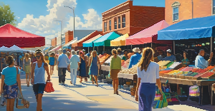 A lively street market in Jacksonville with colorful tents and local artisans selling handmade goods under a bright blue sky.
