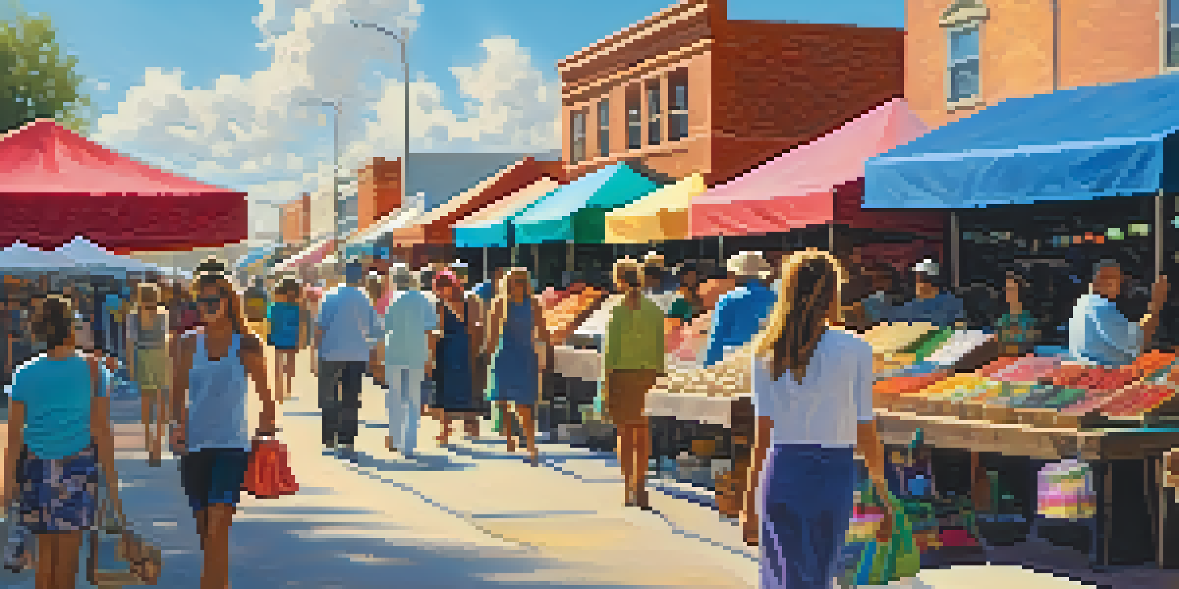 A lively street market in Jacksonville with colorful tents and local artisans selling handmade goods under a bright blue sky.