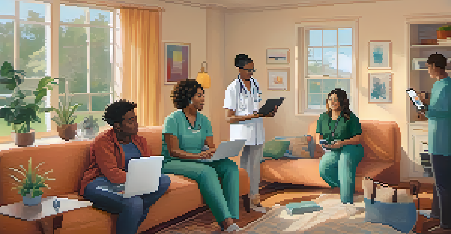 A diverse group of patients engaged in telehealth consultations using different digital devices in their homes.