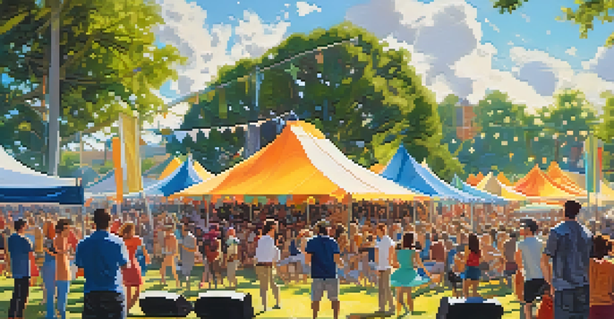 A colorful outdoor music festival in Jacksonville with a diverse crowd enjoying live music, food stalls, and a vibrant stage.