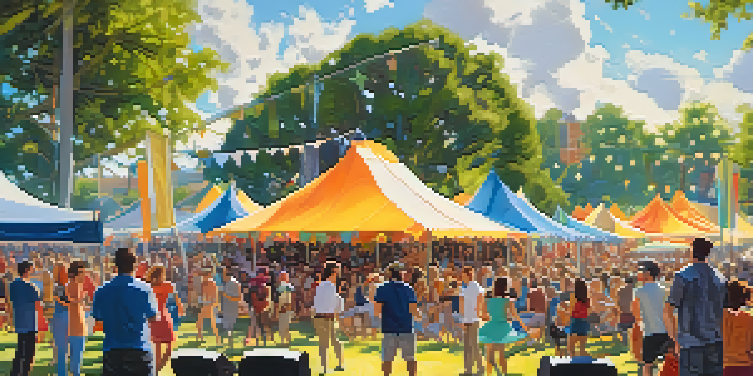 A colorful outdoor music festival in Jacksonville with a diverse crowd enjoying live music, food stalls, and a vibrant stage.