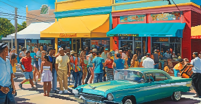 A lively street in Jacksonville's Little Havana with colorful murals, cafes, and musicians, depicting a diverse community celebrating its culture.