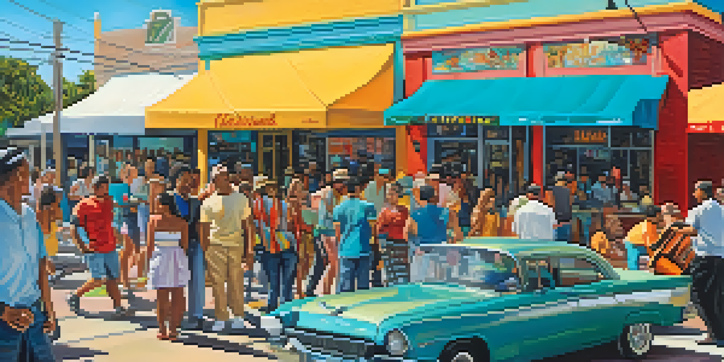 A lively street in Jacksonville's Little Havana with colorful murals, cafes, and musicians, depicting a diverse community celebrating its culture.