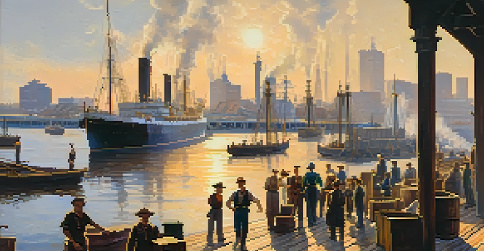 A historical port scene of Jacksonville in the early 1900s with ships, workers, and a vibrant skyline.