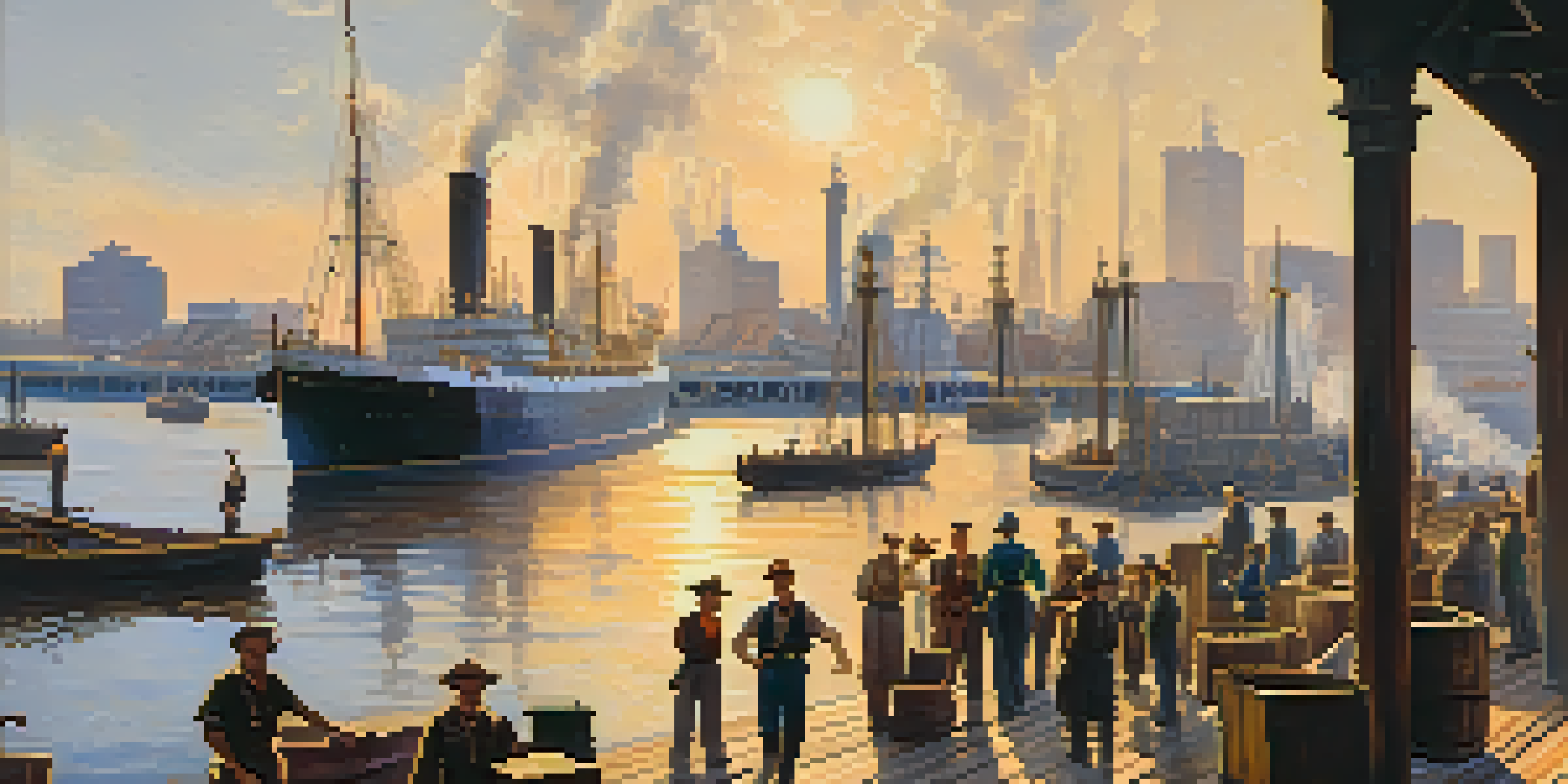 A historical port scene of Jacksonville in the early 1900s with ships, workers, and a vibrant skyline.