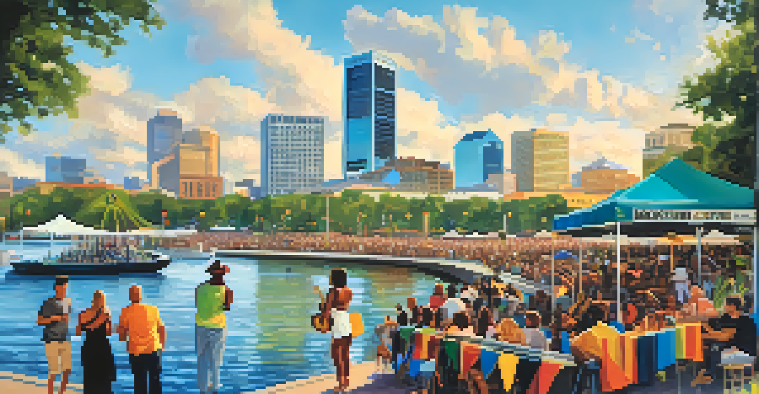 Crowd enjoying the Jacksonville Jazz Festival along the Riverfront, with musicians performing and colorful decorations.