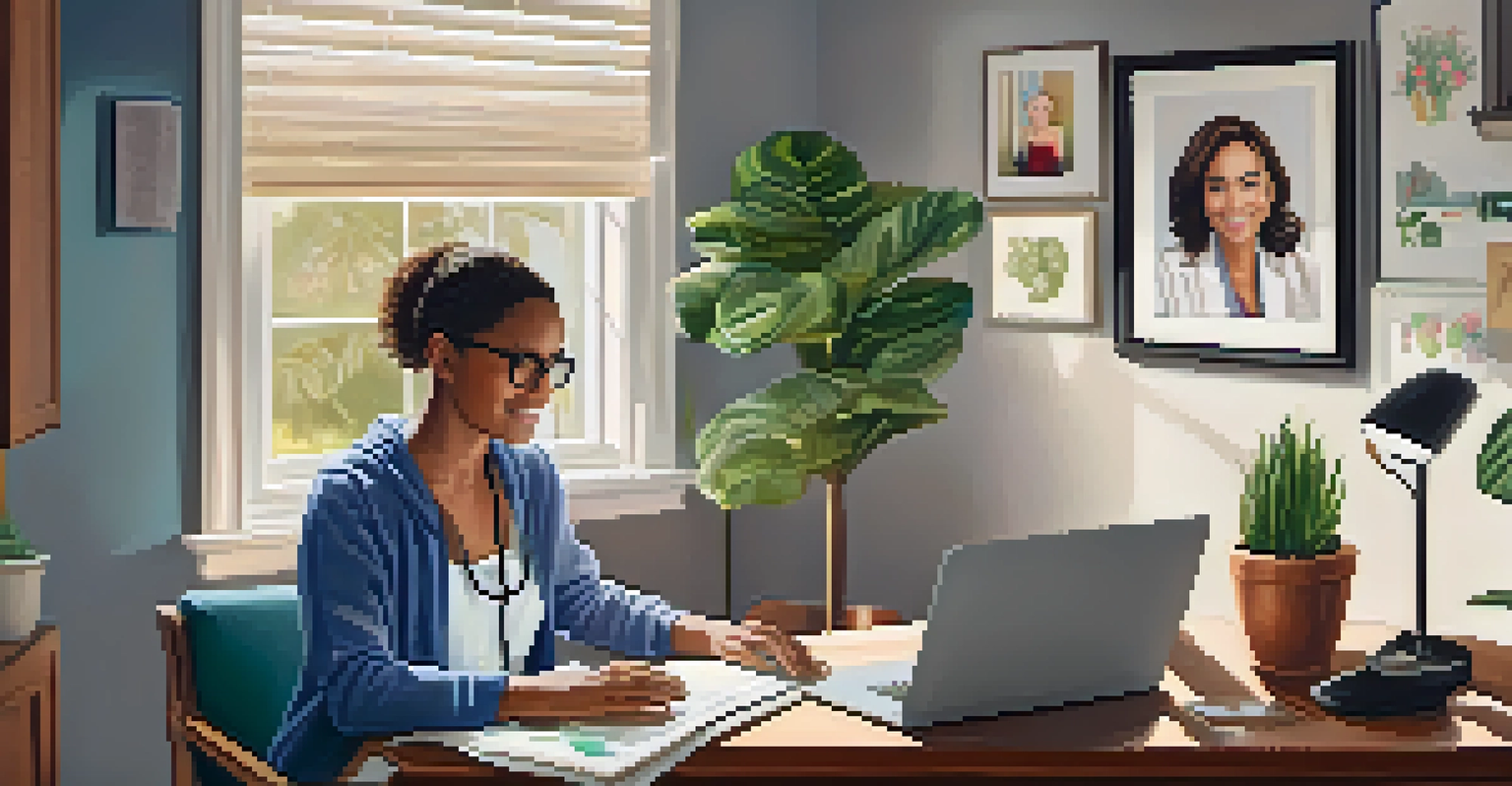 A person sitting at a desk using a laptop to schedule a telehealth appointment in a cozy home office setting.