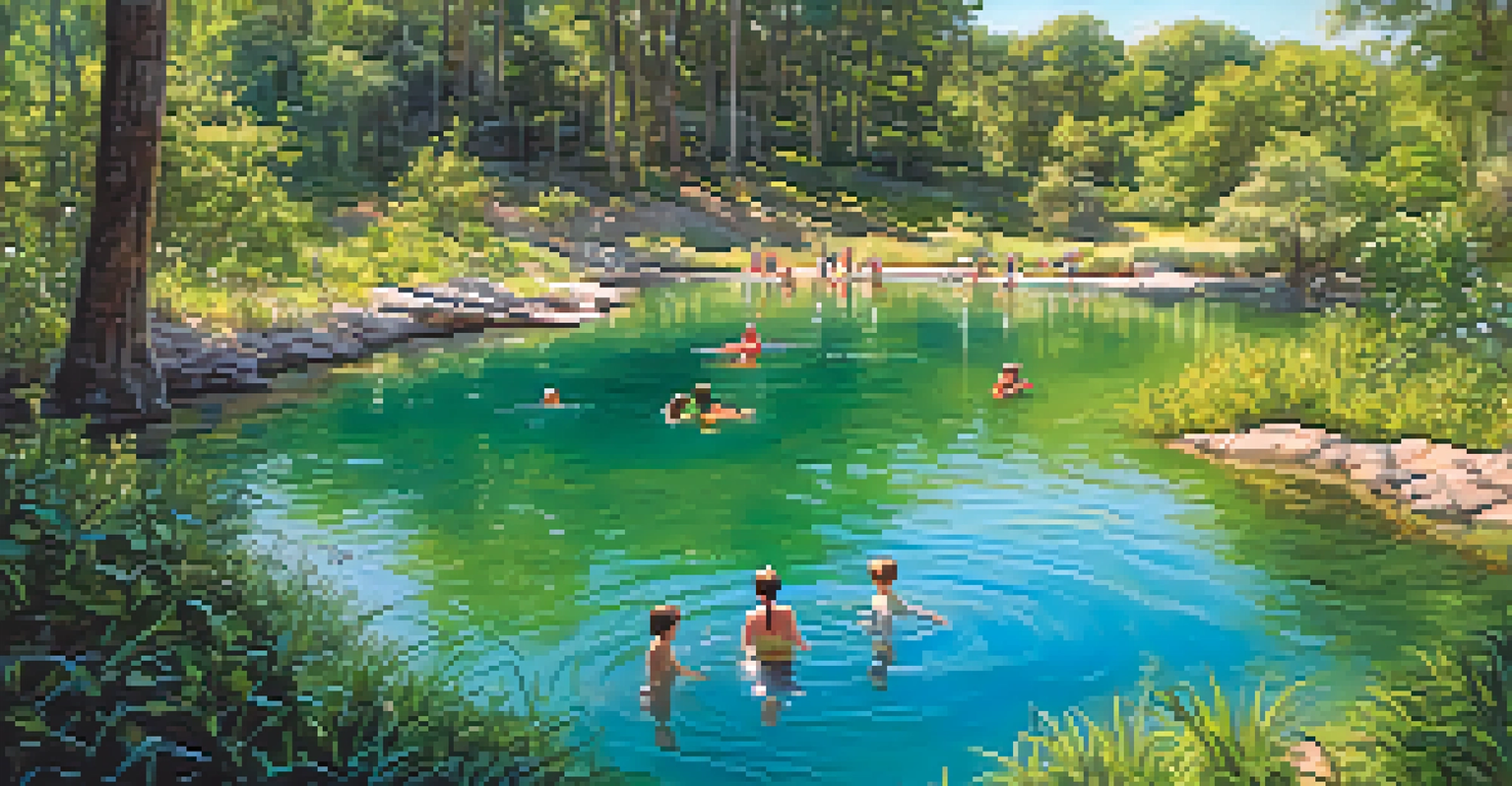 A beautiful natural spring with clear water and families enjoying a summer day.