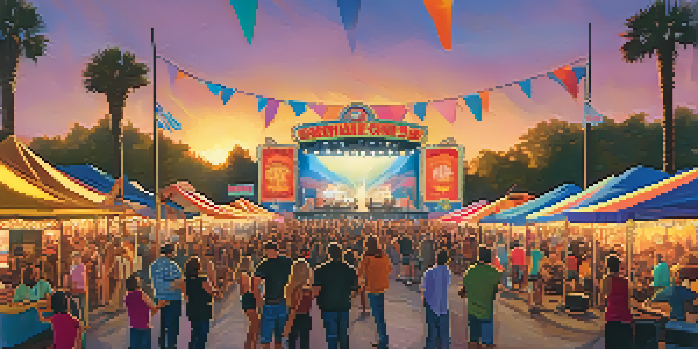 A vibrant Southern rock festival in Jacksonville with a crowd enjoying live music and food stalls.