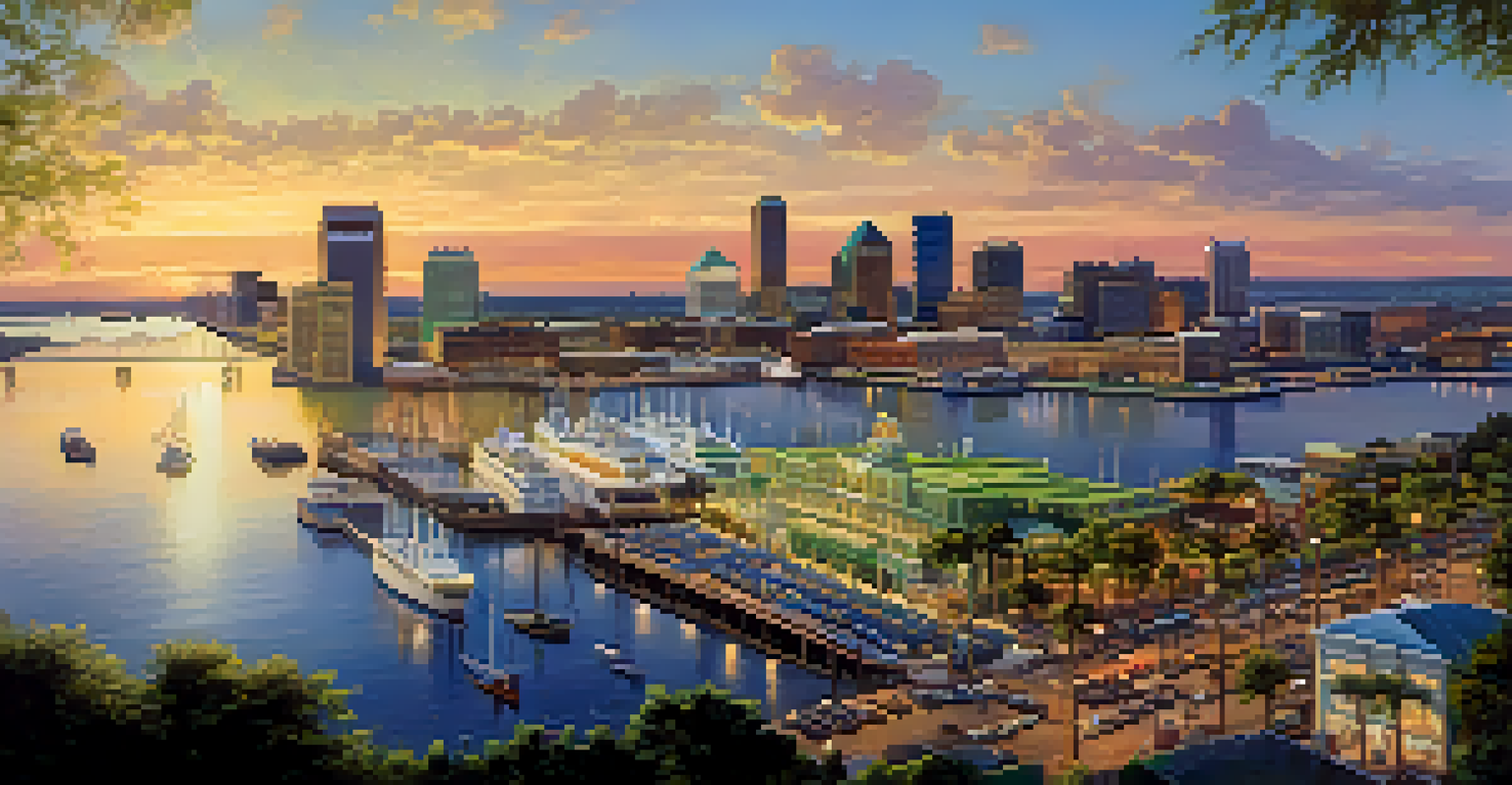 An aerial view of Jacksonville's waterfront with ships in the harbor and the city skyline during a beautiful sunset.