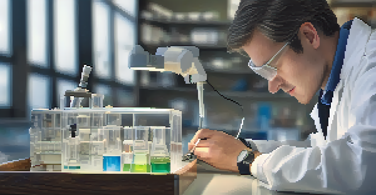 A researcher in a lab coat analyzing water samples with scientific tools on a table, highlighting water quality research.