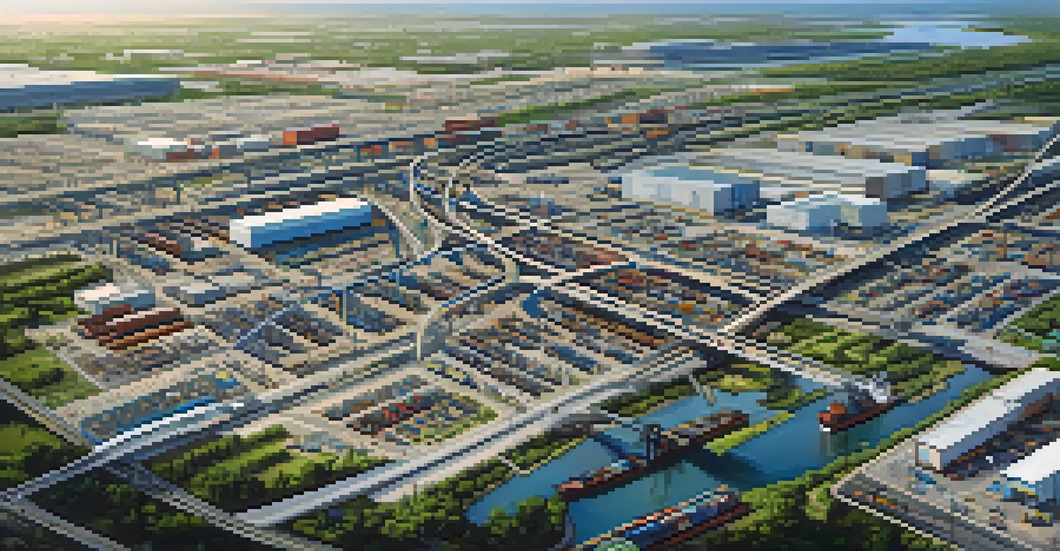 Aerial view of Jacksonville's logistics hub, showcasing highways, freight terminals, and shipping containers at the port with greenery and urban development.