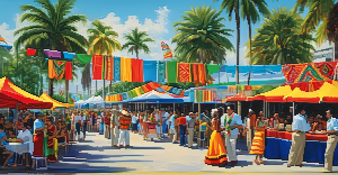 A lively scene from the Jacksonville Latin American Festival with colorful decorations, dancers in traditional attire, and food stalls, set against a sunny backdrop.