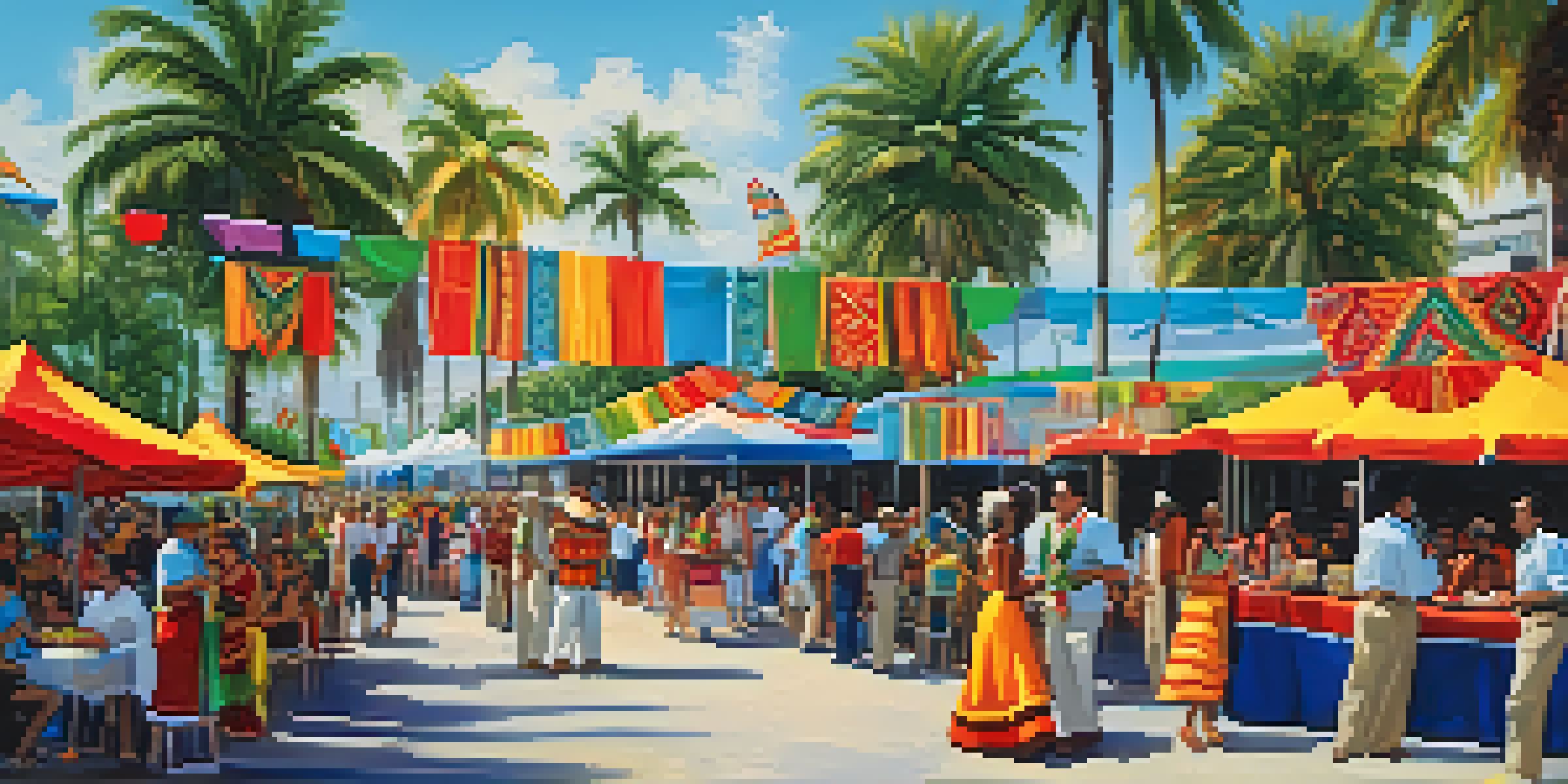 A lively scene from the Jacksonville Latin American Festival with colorful decorations, dancers in traditional attire, and food stalls, set against a sunny backdrop.