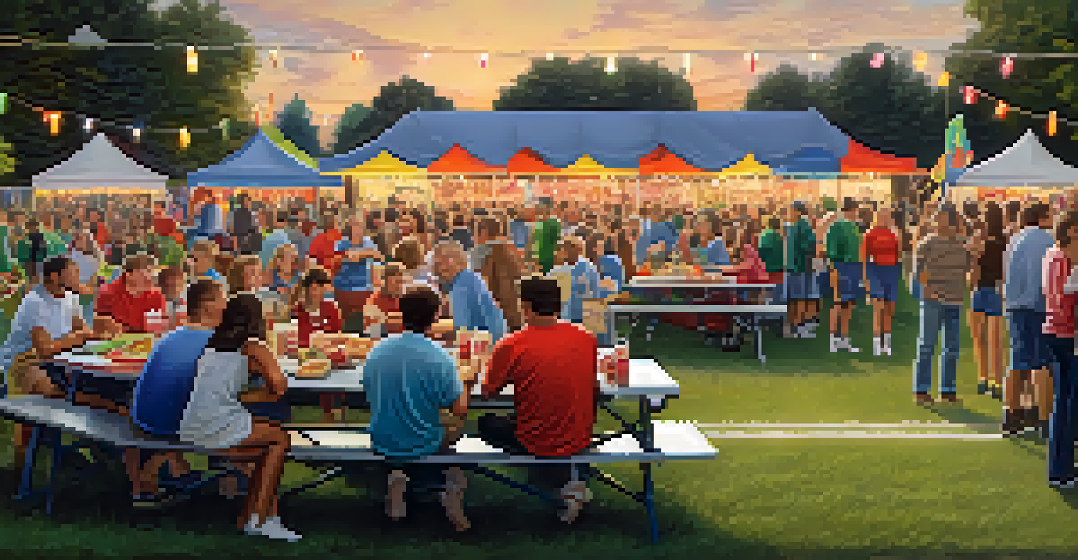 A lively tailgate party before a high school football game, with families enjoying food and drinks around picnic tables, set against the backdrop of a football field.