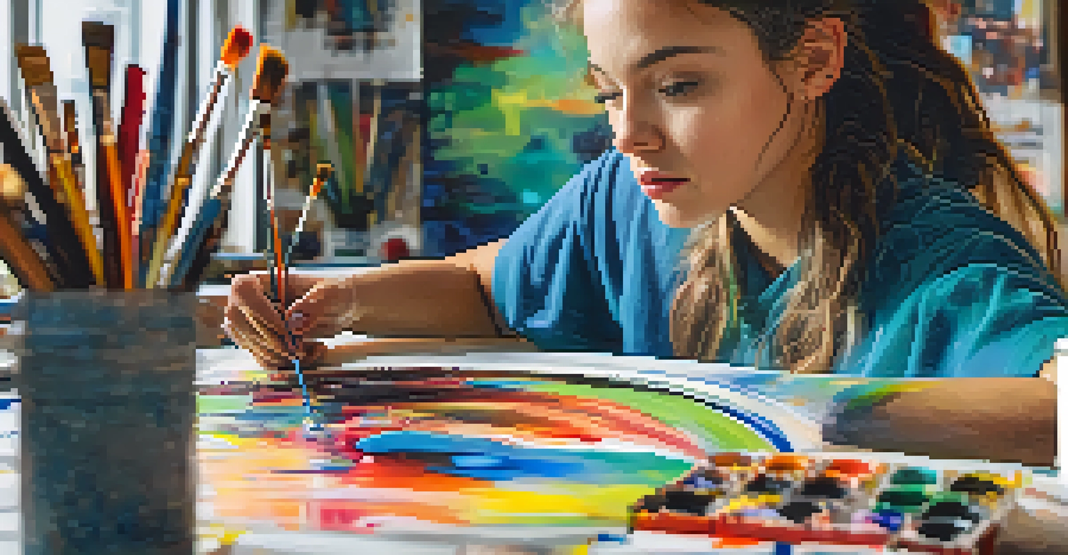A student artist painting on a canvas with bright paints and brushes, showing a focused expression in a well-lit art club setting.