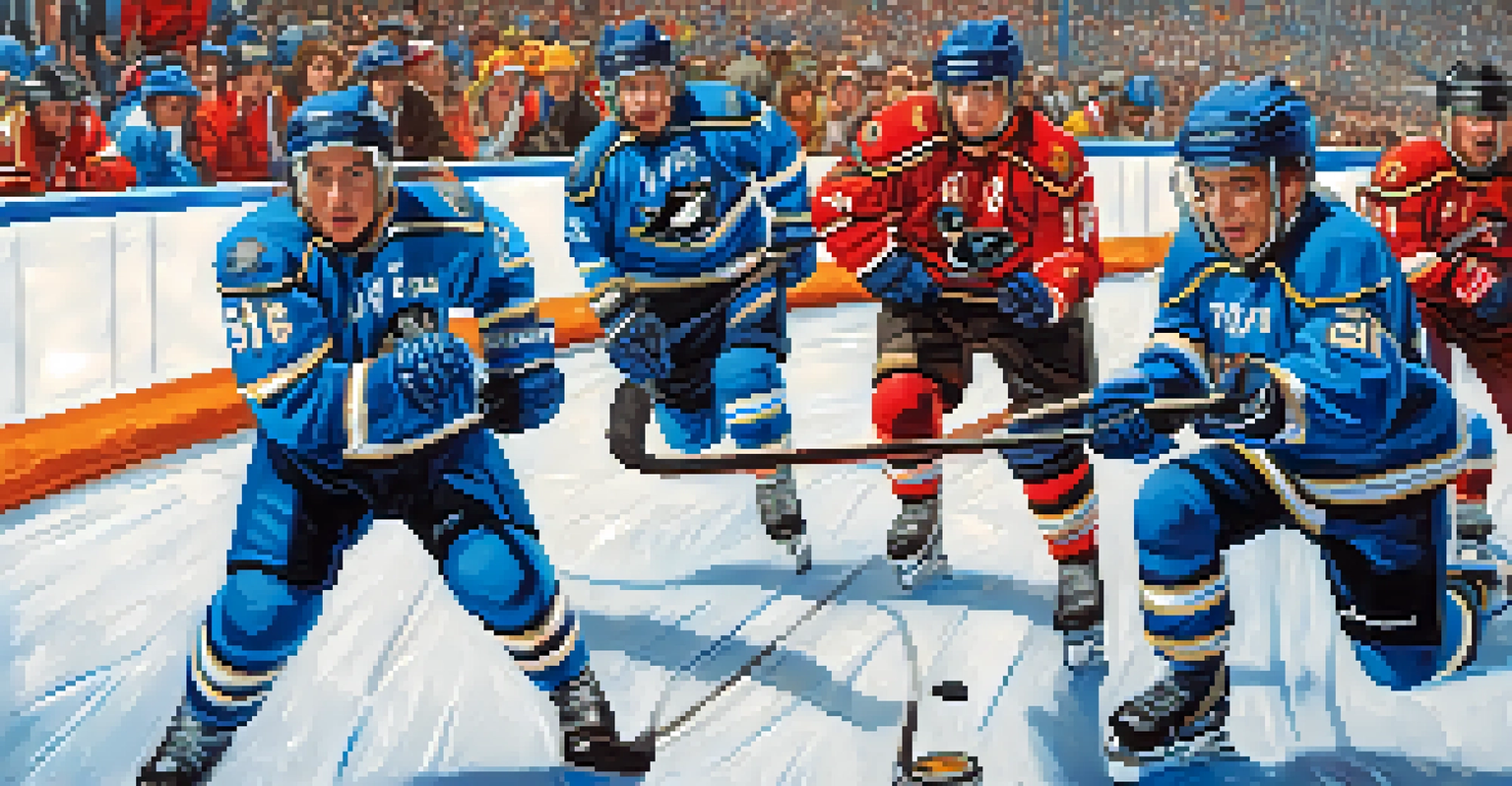 A thrilling hockey game scene with players on the ice and fans cheering in the stands.