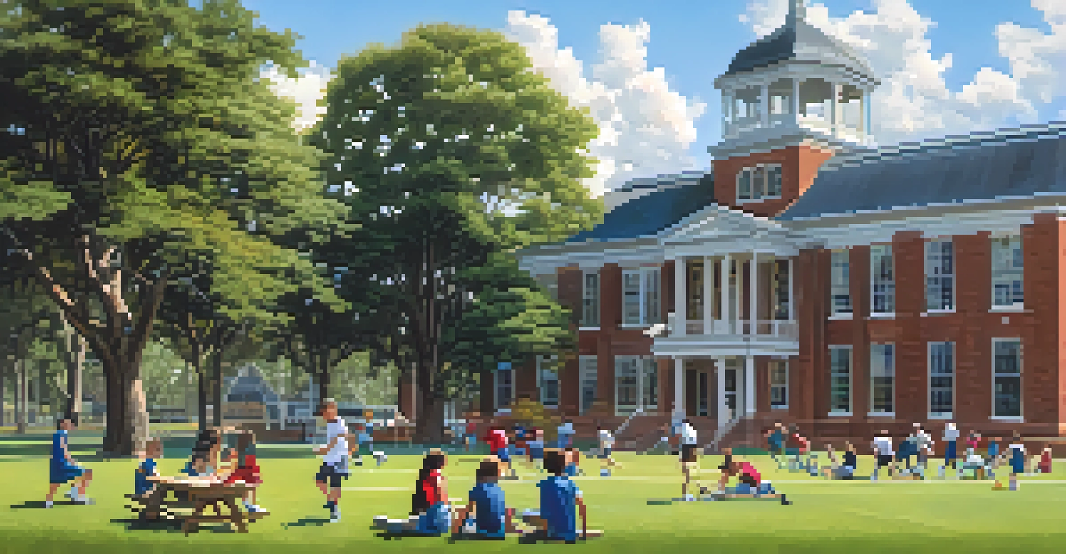 Students engaged in outdoor activities at a private school, including soccer and art projects, with a school building in the background.