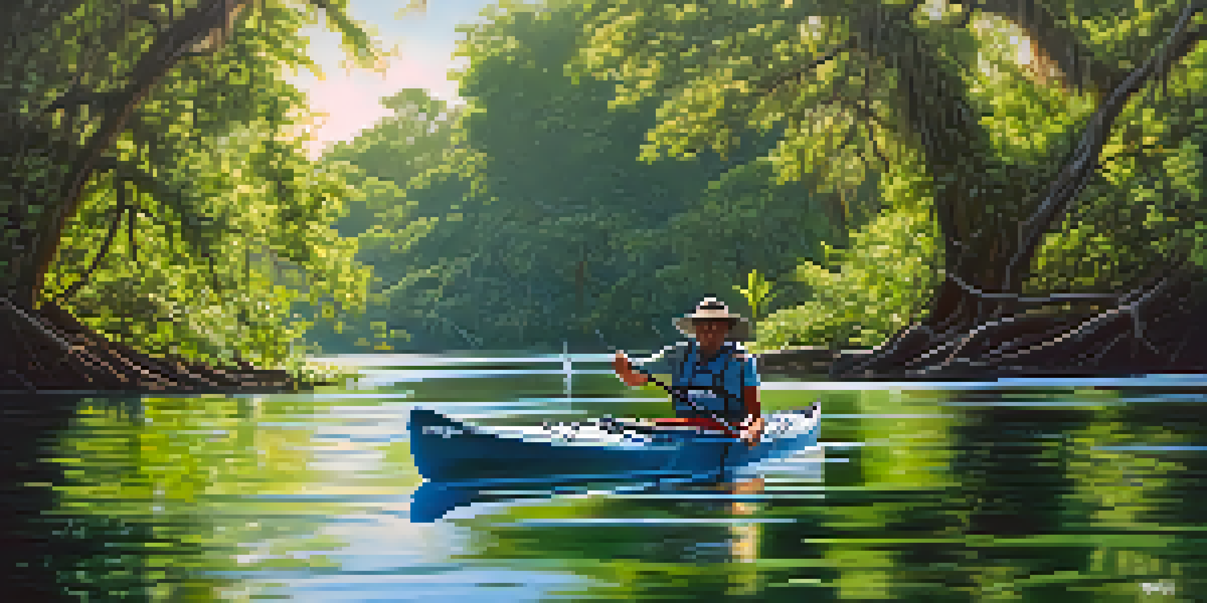 A peaceful scene of a kayak on the St. Johns River with green trees and a heron.