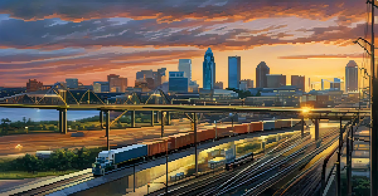 A panoramic view of Jacksonville's transportation infrastructure with trucks and trains at sunset.