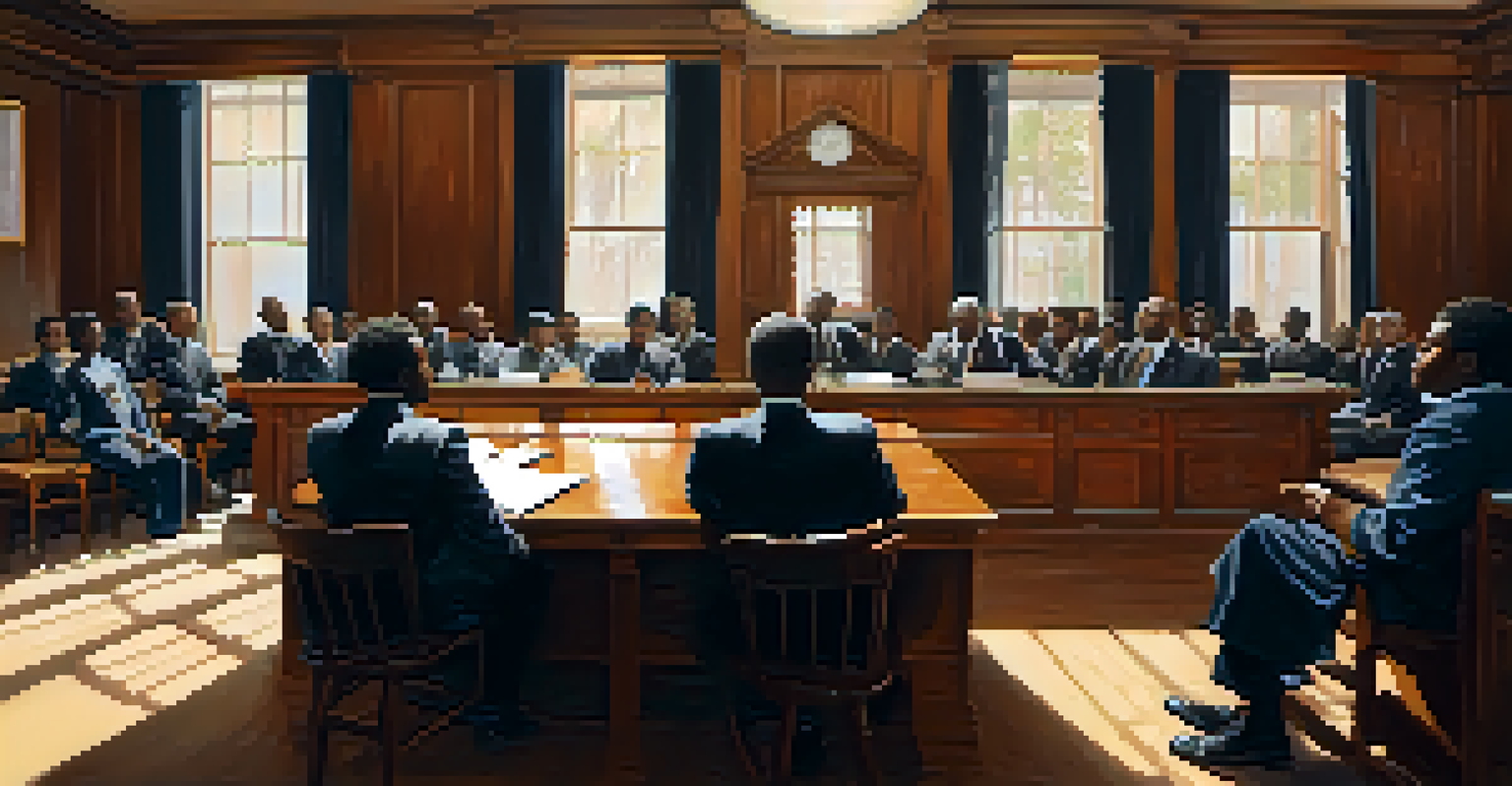 A courtroom scene in Jacksonville during the civil rights movement, with activists seated at a table surrounded by legal documents and a judge presiding over the hearing.