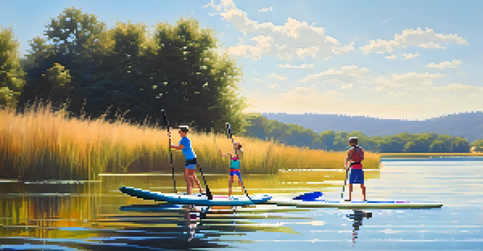 A family paddleboarding on calm waters, surrounded by nature and laughter.
