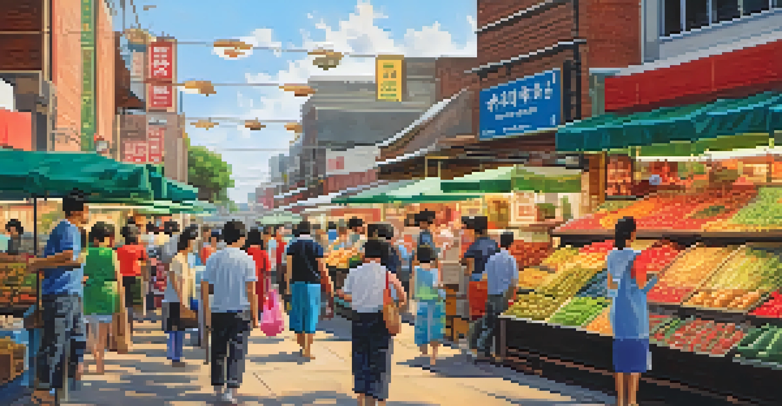 A vibrant Asian market in Jacksonville filled with fresh produce and diverse ingredients, with shoppers exploring colorful stalls and multilingual signage.