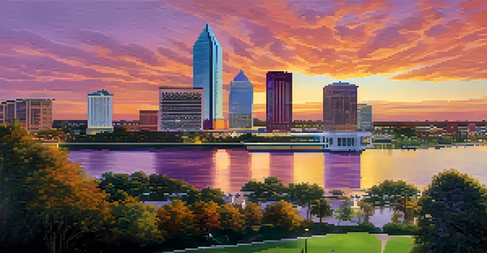 A scenic sunset view of Jacksonville's skyline with healthcare buildings and parks along the St. Johns River.