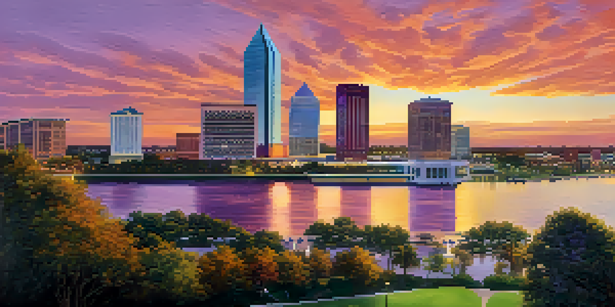 A scenic sunset view of Jacksonville's skyline with healthcare buildings and parks along the St. Johns River.