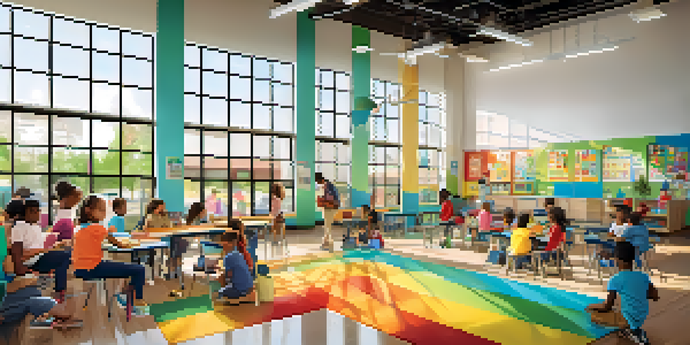 A lively community center filled with children of different backgrounds participating in educational activities, with bright colors and natural light.