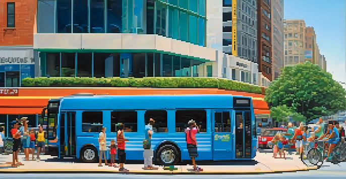 A busy bus stop in Jacksonville with a modern bus arriving and diverse people waiting, showcasing urban life.
