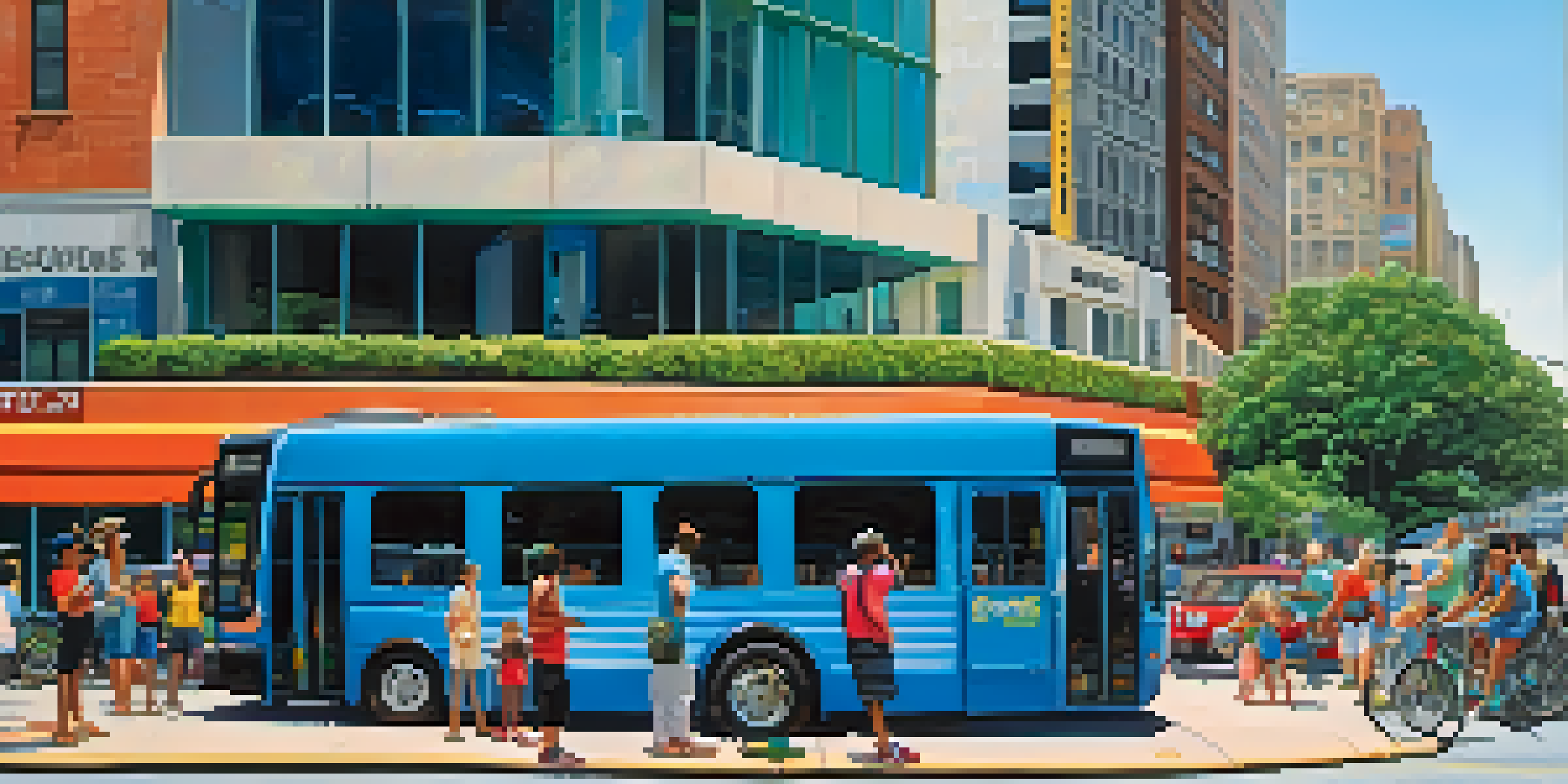 A busy bus stop in Jacksonville with a modern bus arriving and diverse people waiting, showcasing urban life.