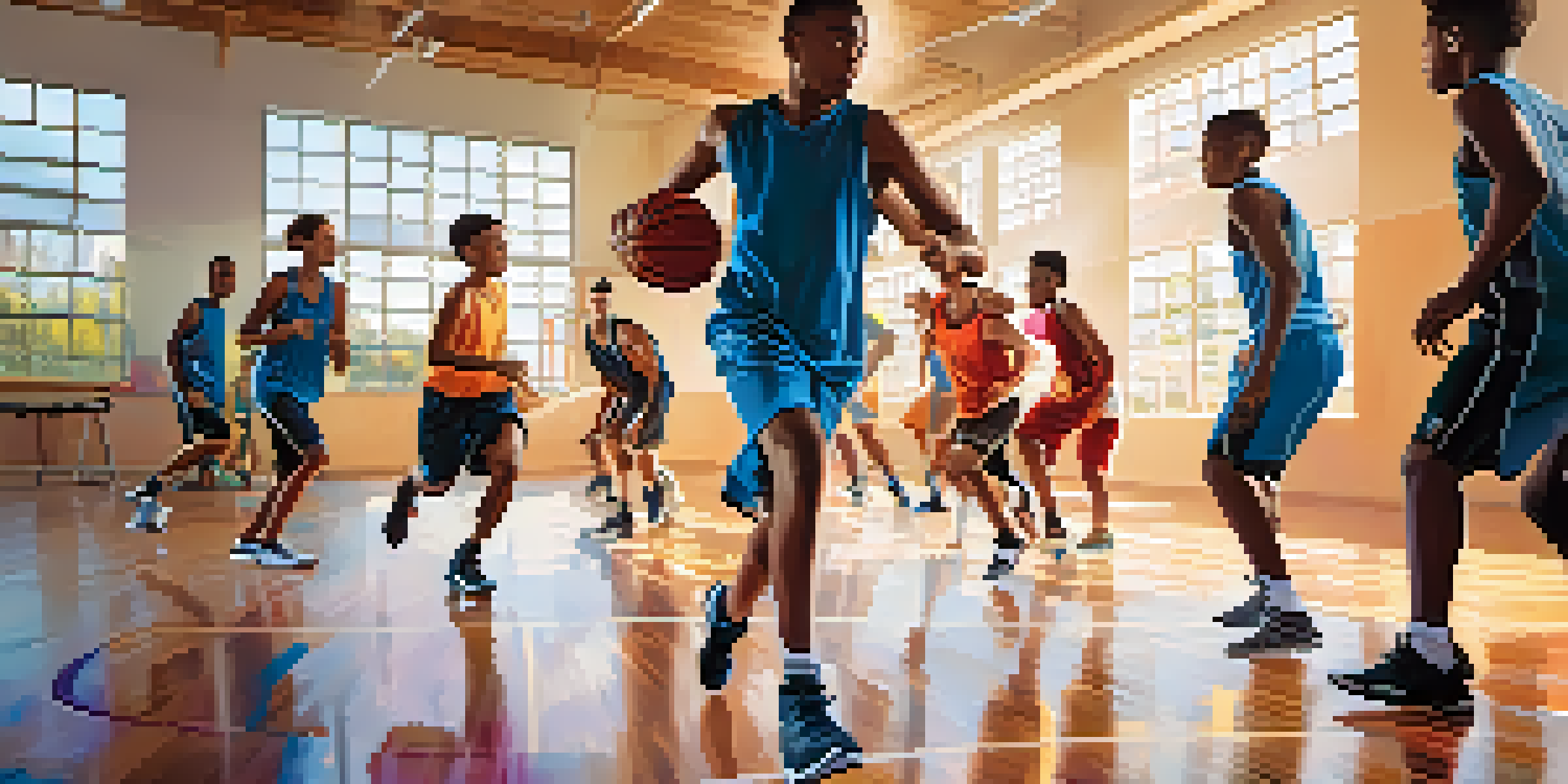 Young athletes in a colorful gym engaged in a basketball training session, with natural light illuminating their focused expressions.